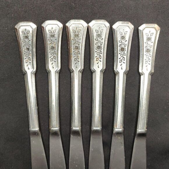 6 Rogers Landscape Dinner Knives Floral Stainless Flatware Korea - Picture 5 of 8